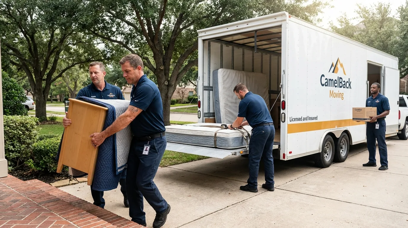 Crew loading residential truck for cross-state move from Sheffield, AL