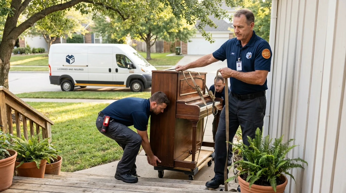 Licensed piano movers securing grand piano in Sheffield, AL