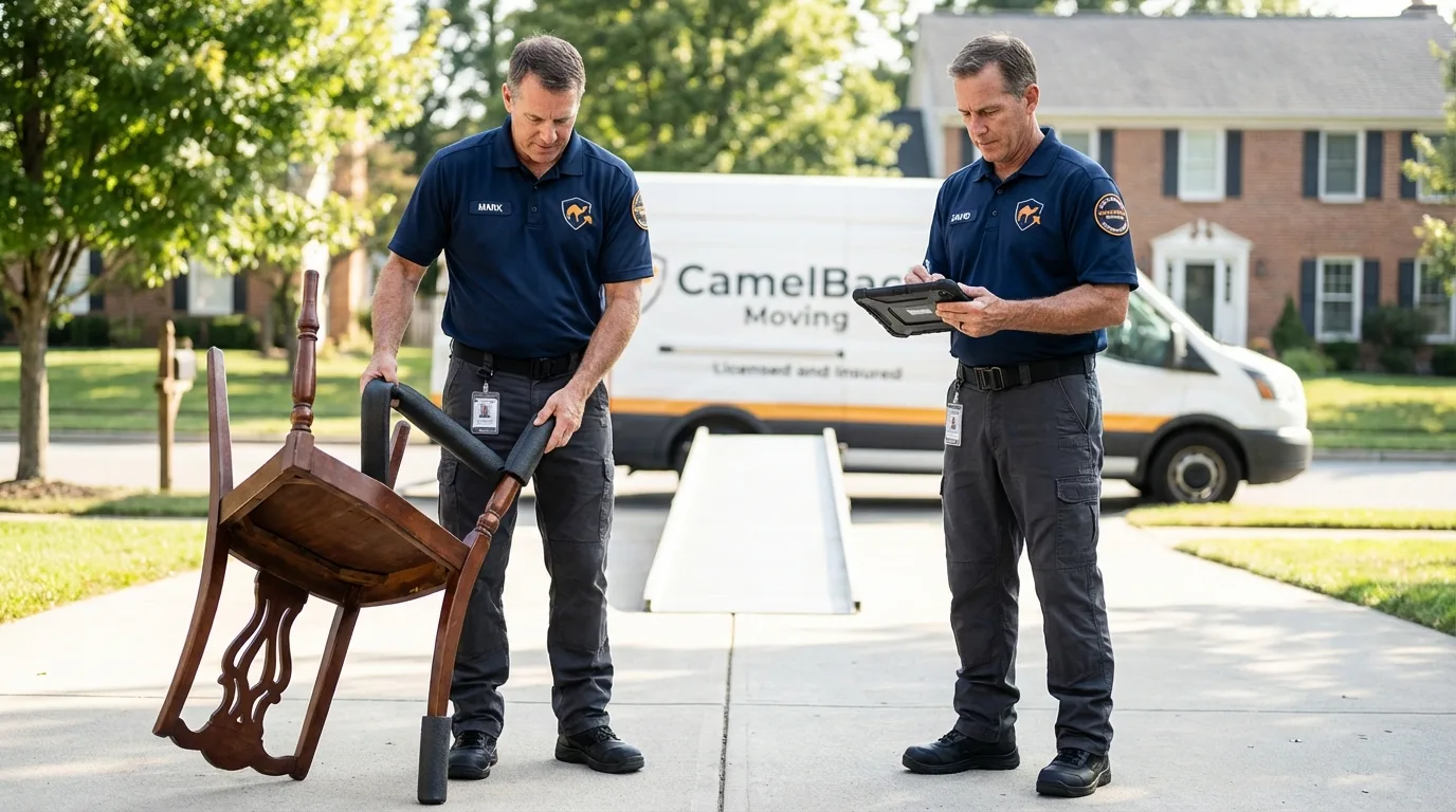 Movers inspecting furniture for damage prevention before loading in Sheffield, AL