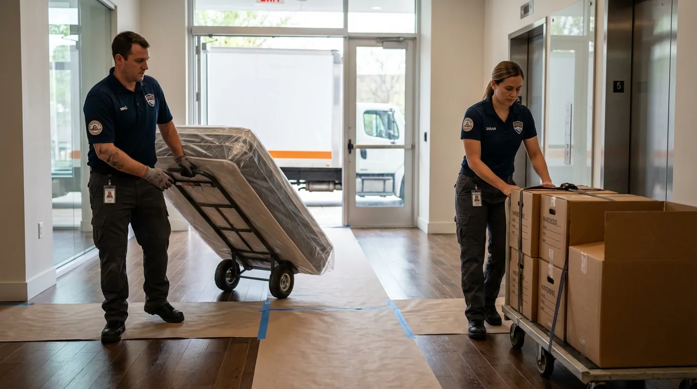 Professional apartment movers loading elevator in Sheffield, AL